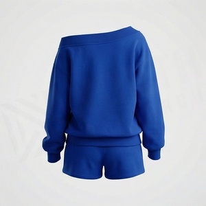 Women's Blue 2 Piece <b>Knitted</b> Sweatsuit <b>Set</b> With Abstract Print O-Neck Long Sleeve Loose Fit Casual Wear Above Knee Shorts - Product Image 2