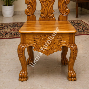 Chaise de salle à manger de luxe en bois massif, artisanale, avec sculpture ornée de roses, dossier haut, assise en bois fini. - Product Image 4