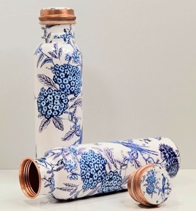 Bouteille d'eau en cuivre ayurvédique, imprimé floral, bouteille à boire en métal vintage avec couvercle, pour la salle de sport, cadeau, voyage, accessoires de boisson - Product Image 4