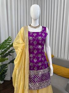 Ensemble Kurti et Plazzo avec dupatta, en tissu Jequrd, orné de sequins, dernière collection - Product Image 3