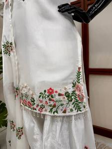 White Embroidered Salwar Kameez <b>Set</b> Floral Printed Pakistani Indian Clothing With Shawl for Ceremony Wear - Product Image 6
