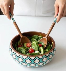 Tazón de madera hecho a mano con patrón geométrico color verde azulado, estilo bohemio, para servir comida, con diseño a juego, estilo rústico. - Product Image 2