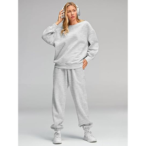 Conjunto de Sudadera Gris de 2 Piezas para Mujer, Cuello Redondo, Manga Larga, Corte Holgado, Color Sólido, Pantalones y Top de Algodón Tejido de Longitud Completa - Product Image 1