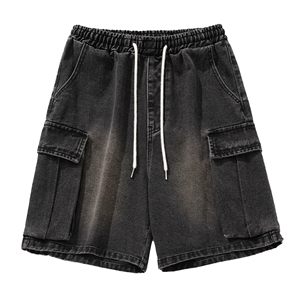 Pantalones Cortos Cargo para Hombre, Cintura Elástica, Estilo Bermuda de Mezclilla Lavada, Color Sólido Informal, Diseño con Bolsillos, Tela de Algodón Transpirable - Product Image 5