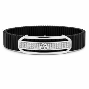 925 Sterling <b>Silver</b> Black Link Bracelet Cubic Zirconia High Polish Om Motif Spiritual <b>Mens</b> Unisex Modern Design for Wedding Part - Product Image 1
