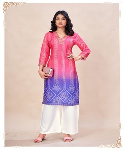 Ensemble haut et pantalon en rayonne et coton, imprimé Bandhani ombré, style RICH LOOK, pour usage quotidien, vêtement ethnique tissé, rose - Product Image 4