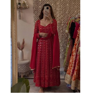 Export Quality Anarkali Gown <b>3</b> <b>piece</b> <b>Suit</b> Set Faux Blooming with Lakhnavi Embroidered Sequence Work Wedding Gown - Product Image 1