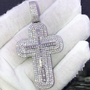 Baguette Cross Pendant Necklace Moissanite Diamond Two Tone 925 Silver <b>Iced</b> <b>Out</b> Hip Hop <b>Chain</b> - Product Image 1