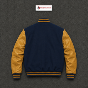 Chaqueta Universitaria Azul Marino Personalizada con Mangas Amarillo Dorado, Chaqueta Clásica de Béisbol Estilo Letterman para Hombre, Venta al Por Mayor - Product Image 6