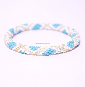 Beaded Woven <b>Stretch</b> Charm <b>Bracelet</b> Seed Beads Blue White Gold Pattern Elastic Luxury Gift Fashion Jewelry Wholesale - Product Image 3