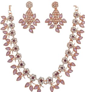Rose <b>Gold</b> Plated Ethnic Flower Necklace and Earring <b>Set</b> with Zircon and Pink Crystal Rhinestones Women's Wedding <b>Jewelry</b> - Product Image 1