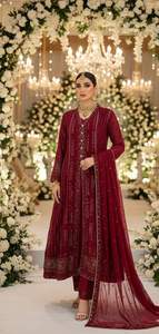 Maxi vestido de chifón listo para usar, estilo abierto por delante, chifón puro, Chicken Kaari con lentejuelas y encaje Dori indio. - Product Image 4