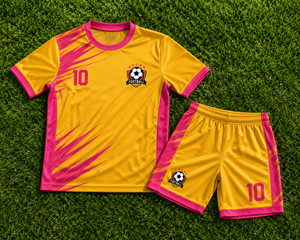 Ensemble de maillots de football personnalisés par sublimation pour hommes, uniforme de football à manches courtes, t-shirt et short d'équipe sportive, kit de football respirant or rose - Product Image 6