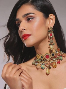 Multicolor Gemstone <b>Choker</b> Necklace Set Indian Bridal Jewelry Statement <b>Choker</b> with Earrings - Product Image 6
