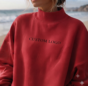 Custom Logo <b>Women's</b> <b>Red</b> Mock Neck <b>Sweatshirt</b> 100% Cotton Knitted Casual Autumn Wear Full Sleeve Letter Print Front - Product Image 1