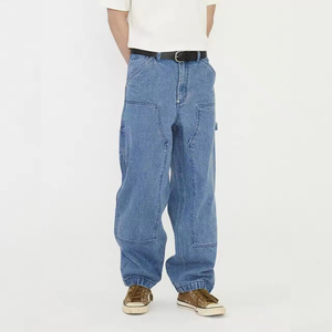 Jean cargo ample en denim de coton avec poches, coupe droite, style streetwear, fermeture éclair, cordon de serrage, décontracté pour homme - Product Image 3