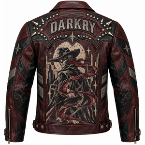 Chaqueta de Cuero con Tachuelas Personalizada para Hombre, Chaqueta de Motociclista con Estampado Gráfico, Abrigo Gótico Vintage Color Granate, Prenda Exterior de Cuero Vacuno Auténtico OEM - Product Image 2