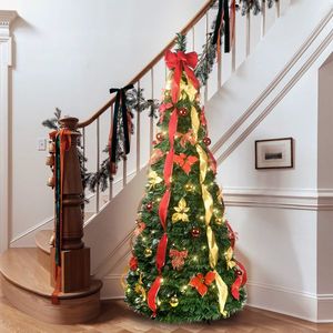 7.5FT Pre-Decorated Pop up Christmas <b>Tree</b> with 200 Warm White for UL <b>Lights</b> Red Gold Ornaments Flowers Ribbons & Bow - Product Image 1
