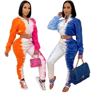 Women <b>Tie</b> <b>Dye</b> Tracksuit <b>Set</b> Full Sleeve Half Zip Crop Top With Drawstring Pants Gradient Color Casual Sportswear - Product Image 4