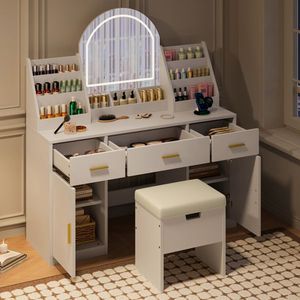 47.2\" <b>Makeup</b> <b>Vanity</b> with <b>Lighted</b> Mirror Cushioned Storage Stool 3 Drawers-Dressing Table with Two Organizers - Product Image 4