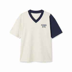 Camiseta Oversize de Mujer Hawk Eye con Bloques de Color Blanco y Azul Marino, Cuello en V, Manga Corta, Ajuste Holgado, 100% Algodón Jersey, Primavera Verano - Product Image 6