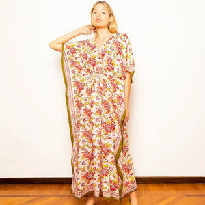 Caftán de algodón bohemio estampado a mano para mujer, vestido ligero de verano, talla única, algodón indio ecológico de comercio justo - Product Image 1
