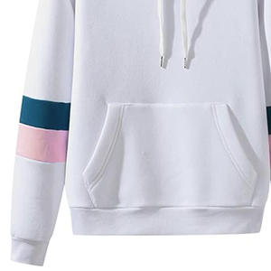 Sweat-shirt à capuche unisexe blanc avec blocs de couleur, poche sur la manche, en coton, décontracté, pour l'automne - Product Image 4