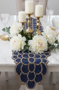 Handmade Beaded <b>Table</b> <b>Runner</b> Blue <b>Gold</b> Solid Stripe Pattern (13x36 Inch) Polyester/Cotton Home & Hotel Decorative MOHD BAHID - Product Image 1