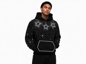 Sweat-shirt à capuche pour homme avec strass, imprimé étoile noire, style streetwear oversize, tricoté, mode hiver - Product Image 1