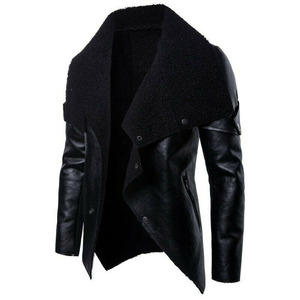Blouson Moto Hiver Homme Noir en Cuir Véritable Écologique avec Fermeture Éclair, Coupe Slim, Double Boutonnage, Col Montant et Doublure en Fausse Fourrure - Product Image 2