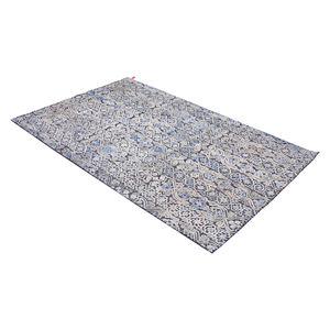Tapis vintage tufté à la main – Crème avec motifs floraux bleus et gris, tapis de luxe pour salon - Product Image 1
