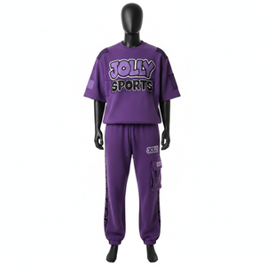 Ensemble t-shirt et pantalon cargo en coton gaufré respirant violet, avec t-shirt à manches bouffantes et logo personnalisé, pour homme - Product Image 6