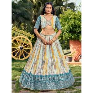 Joli blanc et bleu imprimé numérique Chinon Sangeet Wear Lehenga Choli - Product Image 5