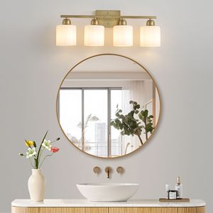 Lámpara de Baño Moderna de 4 Luces Doradas, Apliques de Pared E26 con Pantallas de Vidrio Esmerilado Blanco Lechoso, Iluminación Moderna para Baño - Product Image 3