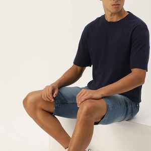 T-shirt à manches courtes pour homme, bleu marine, col rond, coupe classique, jersey décontracté, 100% coton, couleur unie, design tricoté - Product Image 2