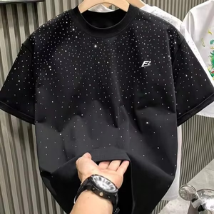 เสื้อยืดสตรีทแวร์ผู้ชายไซส์ใหญ่สีดำประดับคริสตัลและเพชรเทียม ผลิตจากผ้าฝ้าย แฟชั่นจากผู้ผลิตในสหรัฐอเมริกา ขายส่ง - Product Image 1