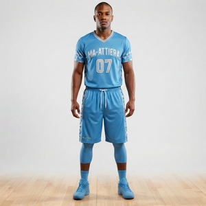 Ensemble short et maillot de basket-ball bleu ciel personnalisé, bordure géométrique, uniforme d'équipe, vêtements de sport respirants en maille, 100% polyester, sublimation - Product Image 3