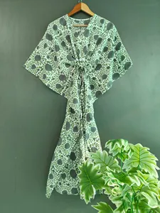 Women’s <b>Boho</b> V-Neck Floral Leaf Hand Print Kaftan <b>Dress</b> Olive Green Cotton Loose Fit <b>Summer</b> Beach <b>Dress</b> - Product Image 1