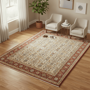 Alfombra Oriental de Lana Pura Anudada a Mano, Color Marfil y Rojo con Diseño Floral, para Sala de Estar - Product Image 1