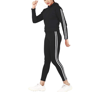 Women <b>Black</b> Hooded Tracksuit Set Full Sleeve Striped <b>Leggings</b> Sporty Athletic Wear Breathable Midweight Spring Casual Outfit - Product Image 4