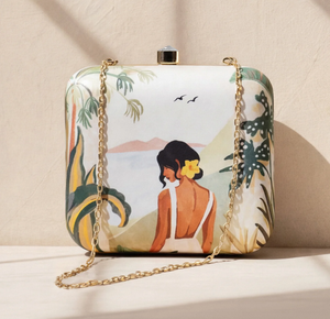 Premium Yellow Flower Lady Printed Clutch Metal <b>Frame</b> Hard Case Satin Fabric Outer Raw Silk Lining with Crystal Closure - Product Image 1