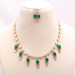 Emerald Green Polki Necklace Set 22K Gold Plated CZ Kundan Style Bridal Jewelry Set with <b>Earrings</b> for Women - Product Image 1