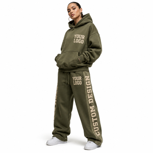 Conjunto de Sudadera con Hombros Caídos y Pantalones de Chándal de Forro Polar Cepillado con Dobladillo y Puños Acanalados, Bordado 3D Personalizado, Marca Privada, Novedad - Product Image 1