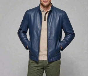 Chaqueta de Cuero Genuino Azul Marino para Hombre, Cuello Alto con Cierre, Estilo Casual Elegante, Abrigo de Otoño - Product Image 2
