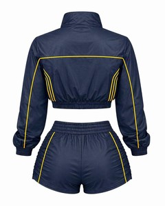 Women's Navy Blue 2-Piece Sports Set Full Sleeve Crop Top With Yellow Trim <b>High</b> Waist Shorts Spring Summer Sporty Style - Product Image 5