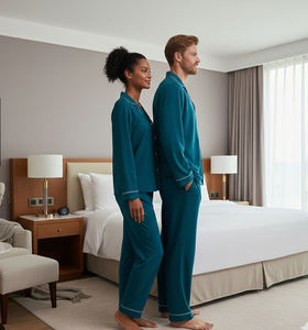 Conjunto de Pijamas de Lujo <span class=keywords><strong>para</strong></span> Pareja, Manga Larga, Color Verde Azulado Sólido, Pijamas Unisex de Satén Suave, Ropa de Dormir de Dos Piezas <span class=keywords><strong>para</strong></span> Hombre y Mujer - Product Image 2