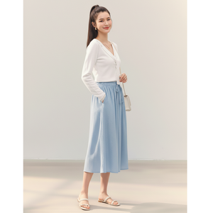 High Quality Women’s Ribbed Knit Midi <b>Skirt</b> with <b>Elastic</b> <b>Waist</b> Drawstring, Soft Lightweight Fabric Custom Clothing Supplier - Product Image 1