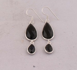Handcrafted 925 <b>Sterling</b> <b>Silver</b> Black Onyx <b>Earrings</b> Vintage Boho Style Teardrop Stone <b>Dangle</b> <b>Earrings</b> Manufacturer Direct - Product Image 1