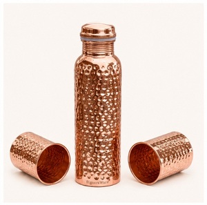 Hammered Copper Water Bottle with 2 Tumbler Glasses Set Leak-Proof Ayurvedic <b>Drinkware</b> Lacquer Coated for Office - Product Image 5