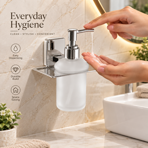 Distributeur de savon liquide mural pour salle de bain, bouteille en verre dépoli, finition chromée en acier inoxydable, moderne, écologique, robuste - Product Image 3